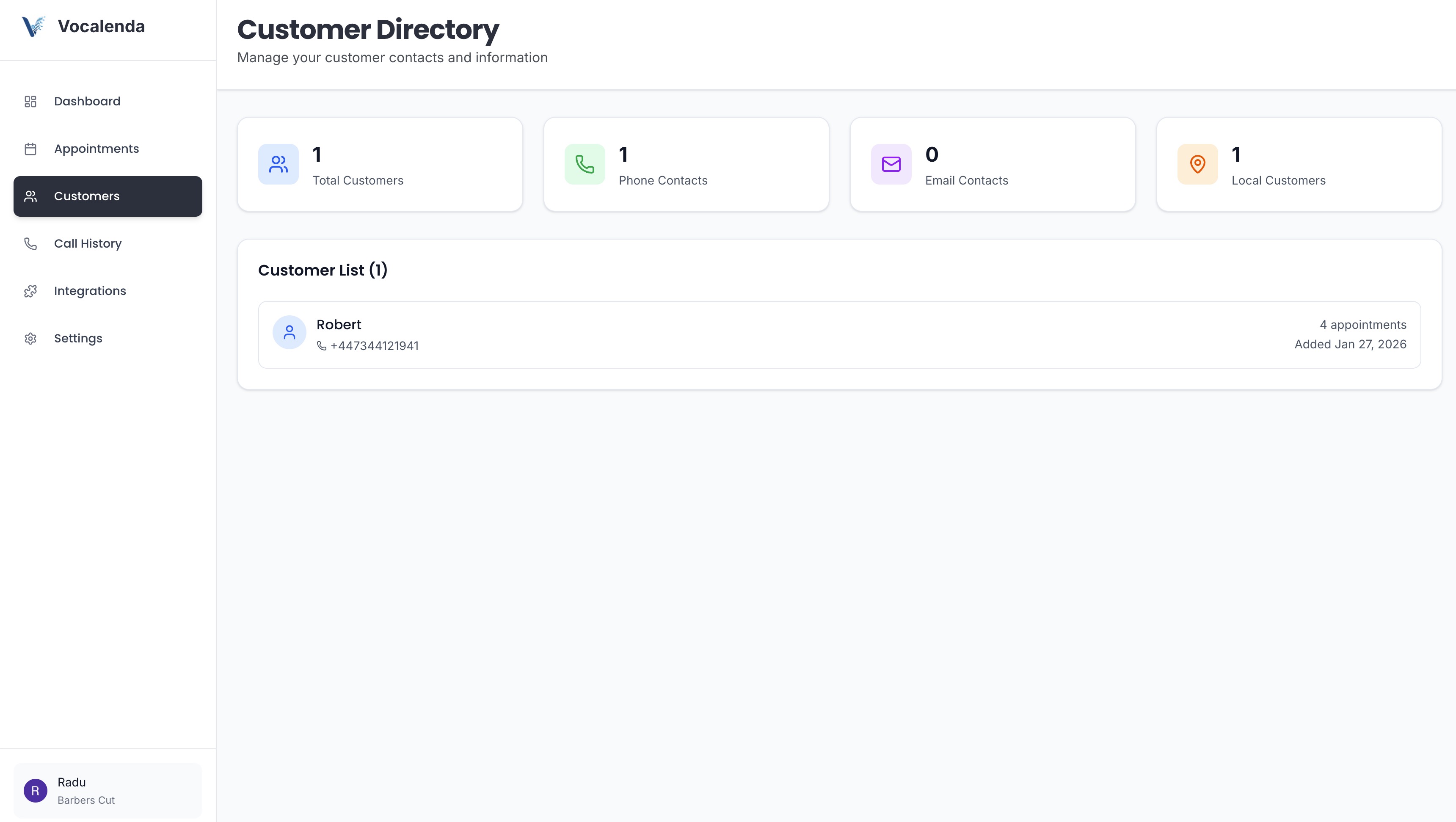 Vocalenda customers screen