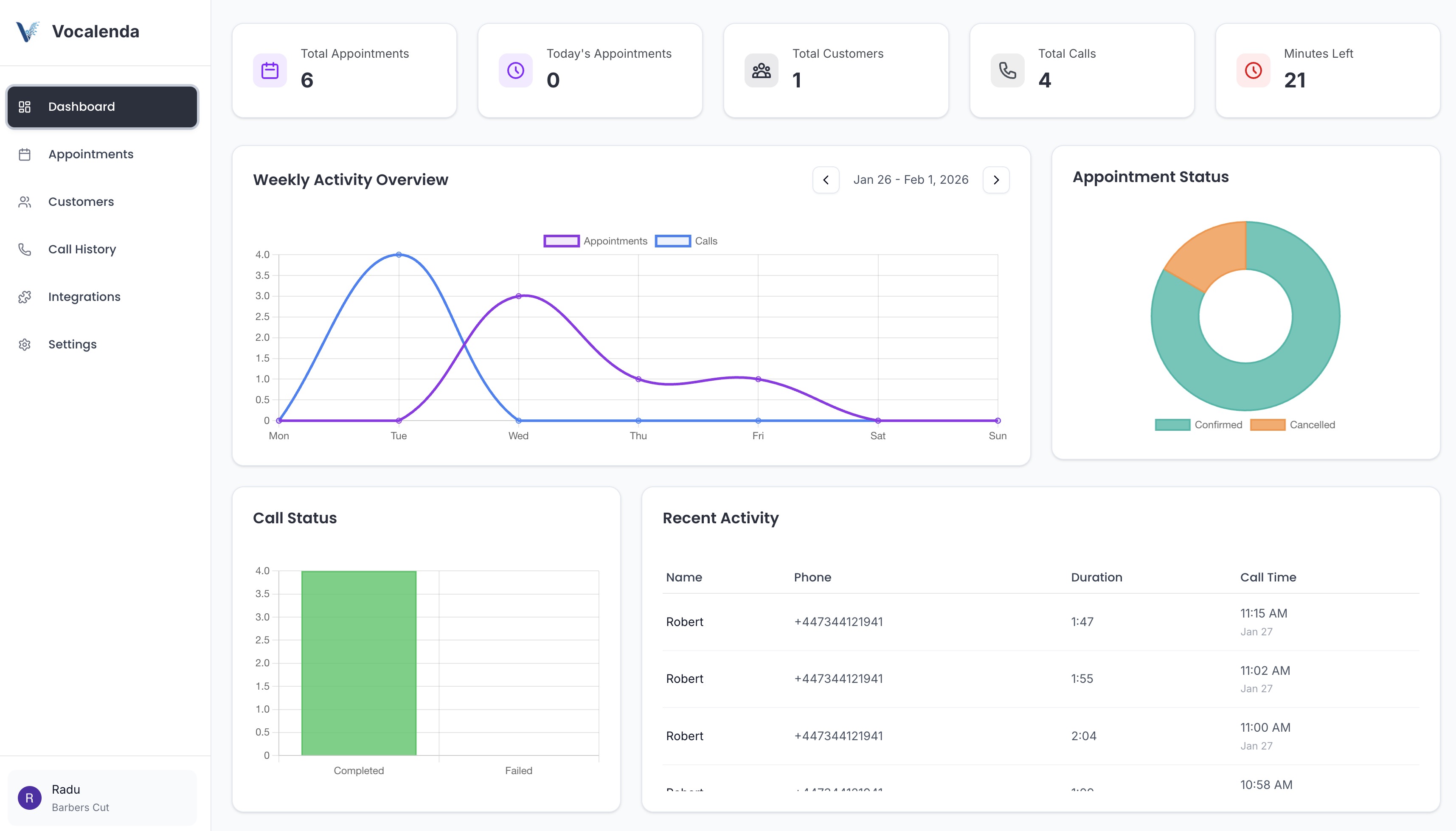 Vocalenda dashboard screen