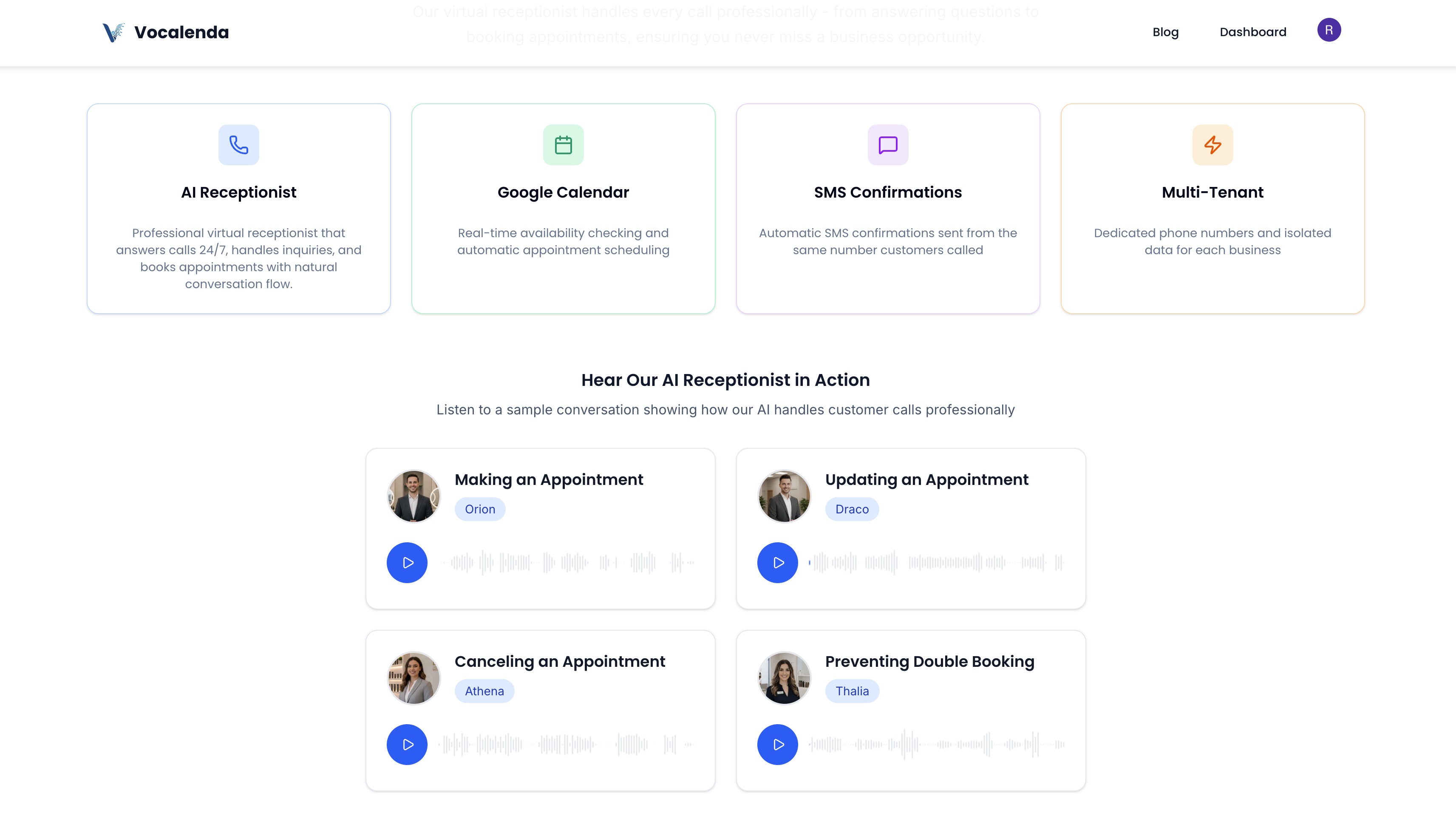 Vocalenda landing page screen